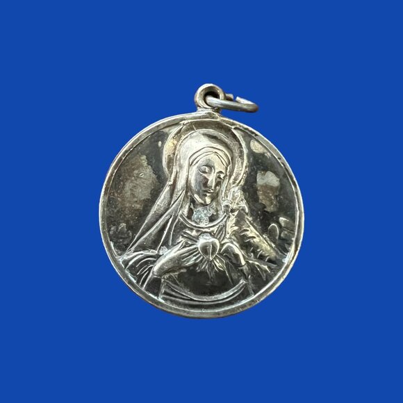 Sacred Heart Jesus Immaculate Heart Mary Sterling Silver Catholic Medal Creed - Picture 1 of 3